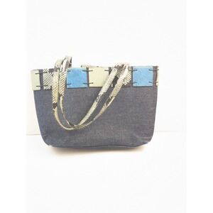 BERGE Denim‎ Bag Blue Snake Print Handle Fur Patchwork Unique Design Tote Purse